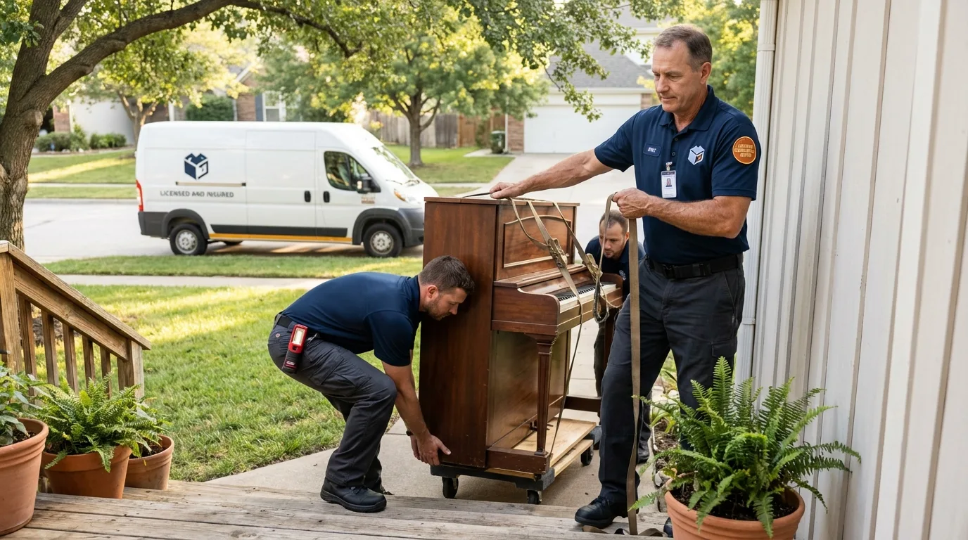 Licensed piano movers securing grand piano in Batavia, OH