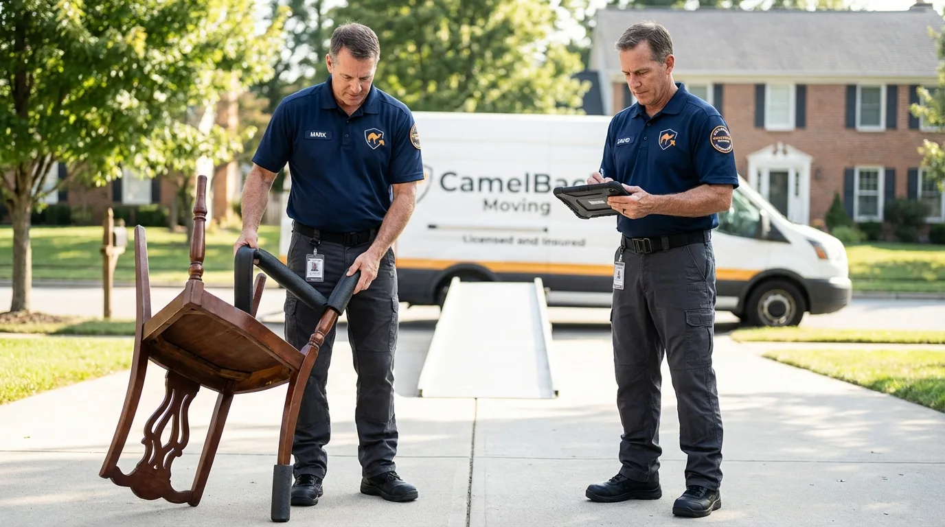 Movers inspecting furniture for damage prevention before loading in Batavia, OH